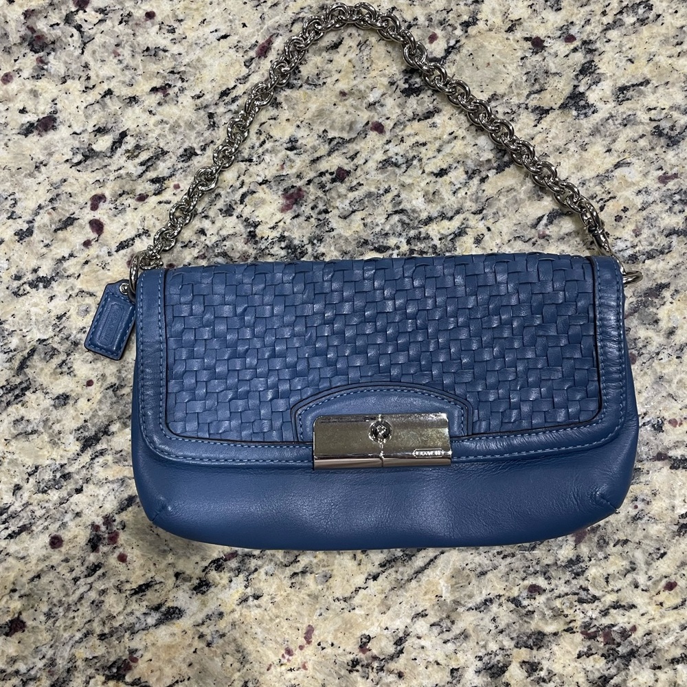 Coach Blue Woven Leather Clutch with Silver Chain